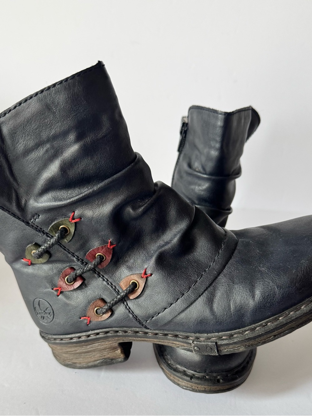 Rieker Women's Size 7.5-8 (38) Navy Leather Moto Ankle Boots Red Comfort Sole
